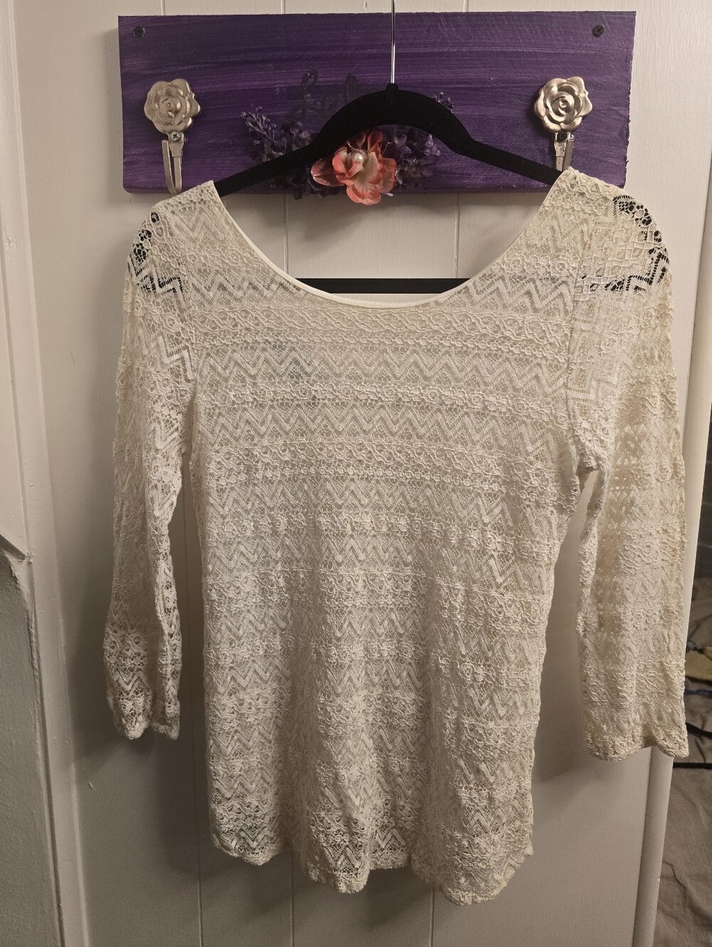 Made in USA Lace Open Back Bow Top | Cream Lace Romantic Boho Blouse |